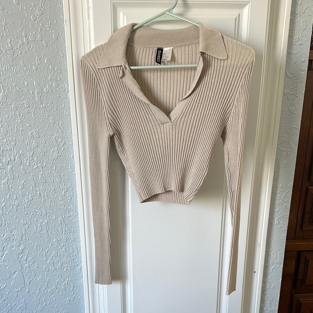 Beige Ribbed Knit Collared Women’s Shirt.